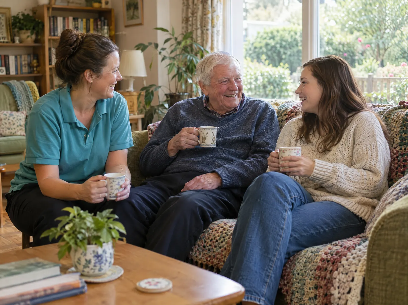 A support worker sharing a laugh over cups of tea with two people in a bright, homely lounge
