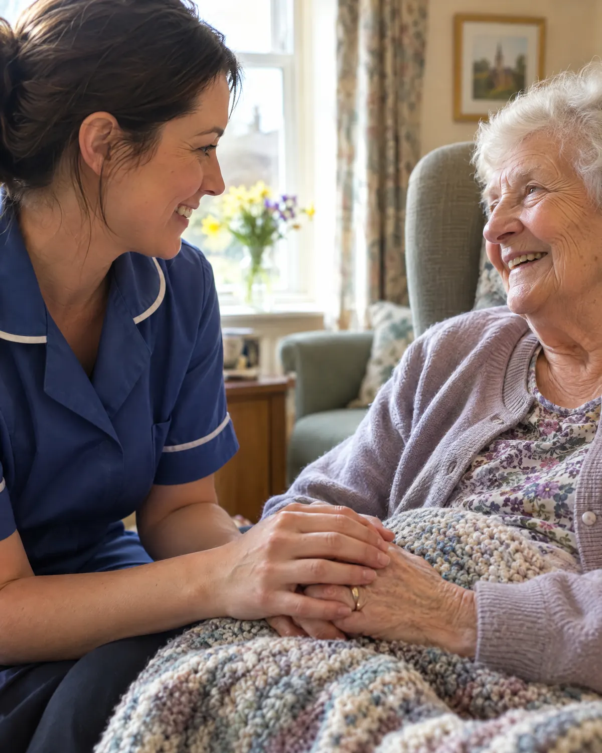 A carer gently holding the hands of an older woman, both smiling, in a sunlit room